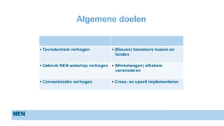 Algemene doelen
• Tevredenheid verhogen • (Nieuwe) bezoekers boeien en
binden
• Gebruik NEN webshop verhogen • (Winkelwagen) afhakers
verminderen
• Conversieratio verhogen • Cross- en upsell implementeren
 