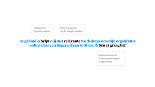 64
Angi Studio helpt mij met relevante workshops om mijn organisatie
online naar een hoger niveau te tillen. Ik ben er graag bij!
Informeren
Expertise delen
Interesse peilen
Op de hoogte houden
Enthousiasmeren
Meer aanmeldingen
Hoger bereik
 