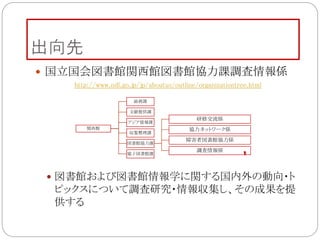 出向先
 国立国会図書館関西館図書館協力課調査情報係
http://www.ndl.go.jp/jp/aboutus/outline/organizationtree.html
 図書館および図書館情報学に関する国内外の動向・ト
ピックスについて調査研究・情報収集し、その成果を提
供する
関西館
総務課
文献提供課
アジア情報課
収集整理課
図書館協力課
研修交流係
協力ネットワーク係
障害者図書館協力係
調査情報係
電子図書館課
 