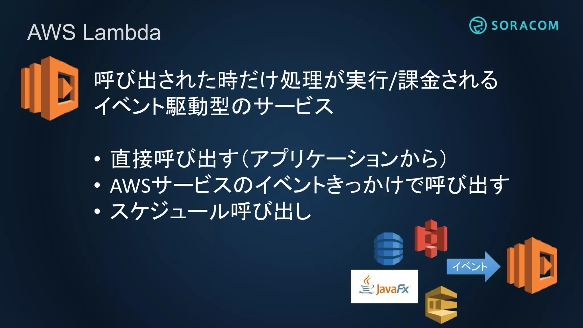 呼び出された時だけ処理が実行/課金される
イベント駆動型のサービス
• 直接呼び出す（アプリケーションから）
• AWSサービスのイベントきっかけで呼び出す
• スケジュール呼び出し
AWS Lambda
イベント
 