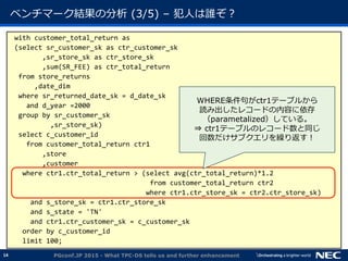 14
ベンチマーク結果の分析 (3/5) &ndash; 犯人は誰ぞ？
with customer_total_return as
(select sr_customer_sk as ctr_customer_sk
,sr_store_sk as ctr_store_sk
,sum(SR_FEE) as ctr_total_return
from store_returns
,date_dim
where sr_returned_date_sk = d_date_sk
and d_year =2000
group by sr_customer_sk
,sr_store_sk)
select c_customer_id
from customer_total_return ctr1
,store
,customer
where ctr1.ctr_total_return > (select avg(ctr_total_return)*1.2
from customer_total_return ctr2
where ctr1.ctr_store_sk = ctr2.ctr_store_sk)
and s_store_sk = ctr1.ctr_store_sk
and s_state = 'TN'
and ctr1.ctr_customer_sk = c_customer_sk
order by c_customer_id
limit 100;
PGconf.JP 2015 - What TPC-DS tells us and further enhancement
WHERE条件句がctr1テーブルから
読み出したレコードの内容に依存
（parametalized）している。
&rArr; ctr1テーブルのレコード数と同じ
回数だけサブクエリを繰り返す！
 