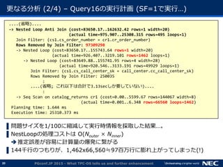 20
更なる分析 (2/4) &ndash; Query16の実行計画 (SF=1で実行&hellip;)
▌問題サイズを1/100に縮減して実行時情報を採取した結果&hellip;。
▌NestLoopの処理コストは O(Nouter &times; Ninner)
推定誤差が容易に計算量の爆発に繋がる
▌144千行のつもりが、1,462x66,560≒97百万行に膨れ上がってしまった(!)
PGconf.JP 2015 - What TPC-DS tells us and further enhancement
....(省略)....
-> Nested Loop Anti Join (cost=83650.17..162632.42 rows=1 width=20)
(actual time=975.907..25308.315 rows=495 loops=1)
Join Filter: (cs1.cs_order_number = cr1.cr_order_number)
Rows Removed by Join Filter: 97309298
-> Nested Loop (cost=83650.17..155743.64 rows=1 width=20)
(actual time=926.407..3219.101 rows=1462 loops=1)
-> Nested Loop (cost=83649.88..155741.95 rows=4 width=28)
(actual time=920.546..3133.191 rows=49929 loops=1)
Join Filter: (cs1.cs_call_center_sk = call_center.cc_call_center_sk)
Rows Removed by Join Filter: 250035
:
....(省略; これ以下は合計で3.13secしか要していない)....
:
-> Seq Scan on catalog_returns cr1 (cost=0.00..5599.67 rows=144067 width=8)
(actual time=0.001..6.348 rows=66560 loops=1462)
Planning time: 1.644 ms
Execution time: 25310.373 ms
 