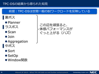 25
TPC-DSの結果から得られた知見
前提：TPC-DSは世間一般のBIワークロードを反映している
▌裏ボス
Planner
▌ラスボス
Scan
Join
Aggregation
▌中ボス
Sort
SetOp
Window関数
PGconf.JP 2015 - What TPC-DS tells us and further enhancement
この辺を頑張ると、
体感パフォーマンスが
ぐっと上がる（ハズ）
 