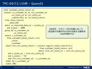 8
TPC-DSクエリの例 &ndash; Query01
with customer_total_return as
(select sr_customer_sk as ctr_customer_sk
,sr_store_sk as ctr_store_sk
,sum(SR_FEE) as ctr_total_return
from store_returns
,date_dim
where sr_returned_date_sk = d_date_sk
and d_year = 2000
group by sr_customer_sk
,sr_store_sk)
select c_customer_id
from customer_total_return ctr1
,store
,customer
where ctr1.ctr_total_return > (select avg(ctr_total_return)*1.2
from customer_total_return ctr2
where ctr1.ctr_store_sk = ctr2.ctr_store_sk)
and s_store_sk = ctr1.ctr_store_sk
and s_state = 'TN'
and ctr1.ctr_customer_sk = c_customer_sk
order by c_customer_id
limit 100;
PGconf.JP 2015 - What TPC-DS tells us and further enhancement
2000年、テネシー州の店舗において、
返品数が店舗平均の20%を越える顧客を
100件検索する
 