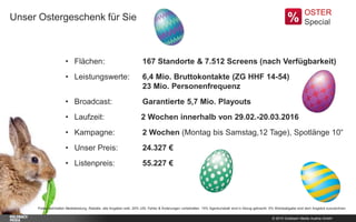 © 2015 Goldbach Media Austria GmbH
Unser Ostergeschenk für Sie
Preise beinhalten Medialeistung, Rabatte, alle Angaben exkl. 20% USt. Fehler & Änderungen vorbehalten. 15% Agenturrabatt sind in Abzug gebracht. 5% Werbeabgabe sind dem Angebot zuzurechnen
• Flächen: 167 Standorte & 7.512 Screens (nach Verfügbarkeit)
• Leistungswerte: 6,4 Mio. Bruttokontakte (ZG HHF 14-54)
23 Mio. Personenfrequenz
• Broadcast: Garantierte 5,7 Mio. Playouts
• Laufzeit: 2 Wochen innerhalb von 29.02.-20.03.2016
• Kampagne: 2 Wochen (Montag bis Samstag,12 Tage), Spotlänge 10“
• Unser Preis: 24.327 €
• Listenpreis: 55.227 €
OSTER
Special
 