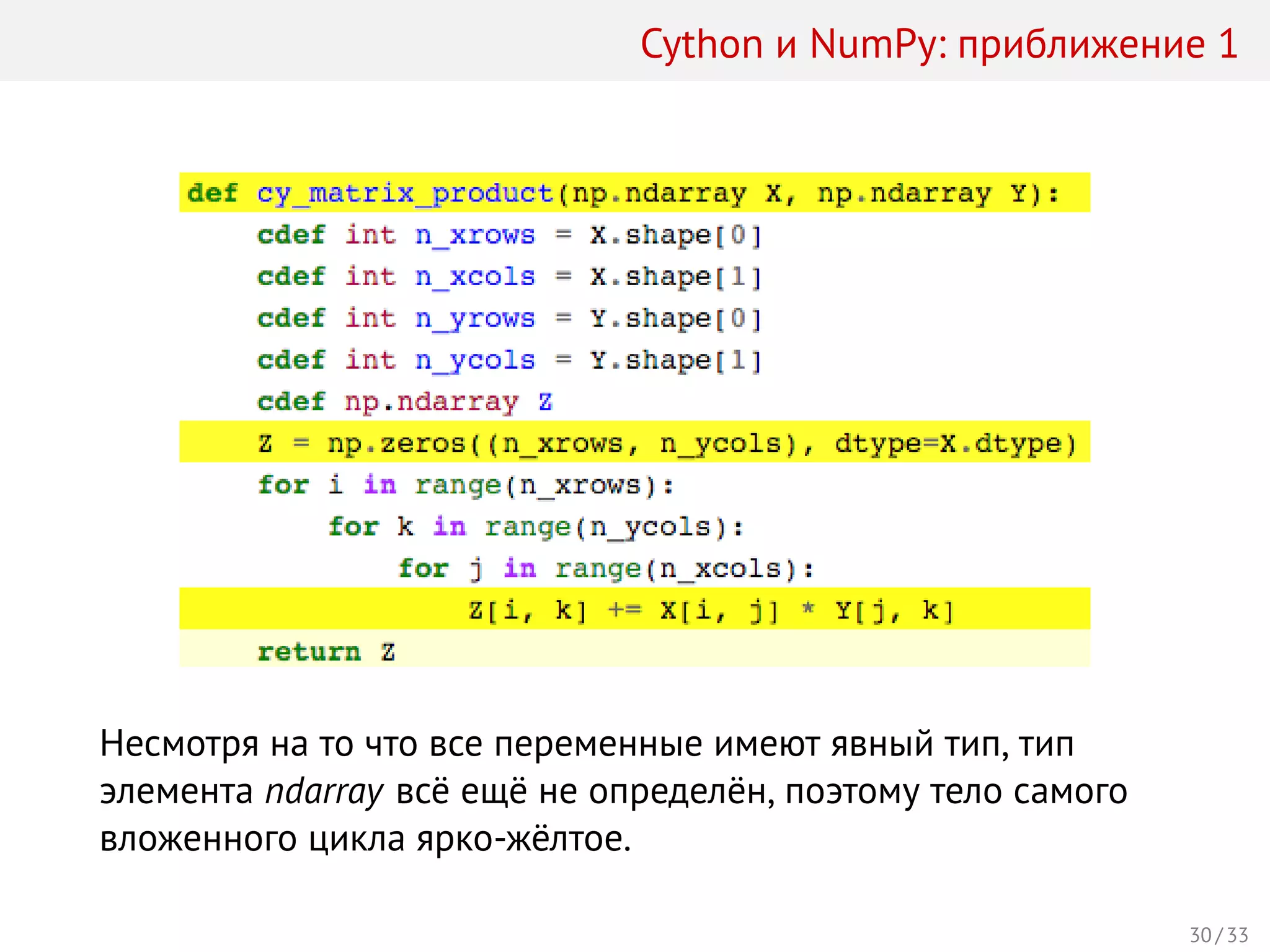 Cython и NumPy: приближение 1
Несмотря на то что все переменные имеют явный тип, тип
элемента ndarray всё ещё не определён, поэтому тело самого
вложенного цикла ярко-жёлтое.
30 / 33
 