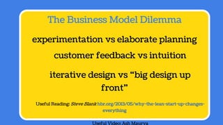 The Business Model Dilemma
experimentation vs elaborate planning
customer feedback vs intuition
iterative design vs “big design up
front”
Useful Reading: Steve Blank hbr.org/2013/05/why-the-lean-start-up-changes-
everything
Useful Video: Ash Maurya
 