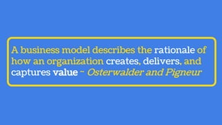 A business model describes the rationale of
how an organization creates, delivers, and
captures value ~ Osterwalder and Pigneur
 