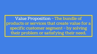 Value Proposition - The bundle of
products or services that create value for a
specific customer segment - by solving
their problem or satisfying their need.
 