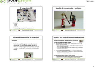 04/11/2015
Copyright © EvergreenPM & Christian LammProyectos exitososcon LEGO® Serious Play®
El proyecto en 3D
Ventajas:
- Claridad
- Calidad
- Implicación
- Posibilidad “jugar a emergentes” (“qué pasaría si …”)
Copyright © EvergreenPM & Christian LammProyectos exitososcon LEGO® Serious Play®
Gestión de comunicación y conflictos
Copyright © EvergreenPM & Christian LammProyectos exitososcon LEGO® Serious Play®
Conversaciones difíciles en un equipo
Problema:
Se han incumplido algunas metas: El proyecto
cuesta más y se entregará fuera de tiempo. Es
necesario hablar de lo que ha sucedido y corregir
errores … sin afectar la motivación y cohesión del
equipo
Copyright © EvergreenPM & Christian LammProyectos exitososcon LEGO® Serious Play®
Dinámica para conversaciones difíciles en equipos
Parte 1: Comprensión de la perspectiva de cada uno
a) Cada participante construye dos modelos:
1. Modelo 1: Cuáles han sido los aciertos y problemas del equipo en este
proyecto hasta ese momento
– a) Si se cuestionan hechos de una persona, el modelo debe incluir también al menos una
cosa que esa persona haya hecho bien!
– b) NO se puede adjetivar negativamente a ningún miembro del equipo. El modelo habla
del problema sin juzgar a la persona.
2. Modelo 2: Sus propuestas de solución de los problemas identificados
– Deben tener en cuenta la definición de competencias de cada miembro (poner modelos
o fotos de los mismos como recordatorio)
– No pueden afectar la dignidad de ninguno de los miembros del equipo
b) Luego, cada participante comparte sus dos modelos.
– El facilitador deberá evitar cualquier calificación negativa hacia un miembro del equipo o
cuestionamiento de sus modelos. En esta fase se trata de escuchar, no de opinar
 