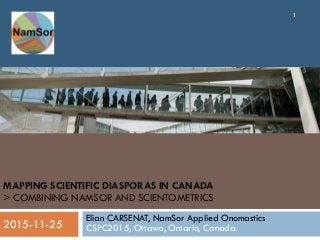 MAPPING SCIENTIFIC DIASPORAS IN CANADA
> COMBINING NAMSOR AND SCIENTOMETRICS
Elian CARSENAT, NamSor Applied Onomastics
CSPC2015, Ottawa, Ontario, Canada.
1
2015-11-25
 