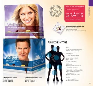 109
ቢ WellnessPack woman
Contém 21 saquetas.
22791 €28,95
ባ WellnessPack man Contém
21 saquetas.
22793 €28,95
Uma saqueta de WellnessPack:
1 x cápsula de astaxantina
2 x cápsulas de ómega 3
1 x drageia de multivitamínico e mineral
GRÁTIS
Cada 4º produto
SINTA-SE BEM. PAGUE MENOS.
Peça mais informações ao seu Assessor
FUNÇÕESVITAIS
PELE
• Mais hidratação e elasticidade
• Menos danos UV e rugas
VITALIDADE
• Menos cansaço e fadiga
SISTEMA IMUNITÁRIO
• Mais defesas
• Menos inﬂamações
CORAÇÃO
• Melhor saúde cardiovascular
e níveis de colesterol
MÚSCULOS E ARTICULAÇÕES
• Mais resistência e melhor
desempenho
• Menos inﬂamações e dor
VISÃO
• Mais proteção UV
• Olhos menos cansados
ቢ
ባ
WELLNESS
 