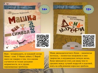 Вере - четырнадцать, ее младшей сестре
Маше - семь. У Маши лейкоз. С Верой
никто не говорил о том, что в жизни
случаются не только досадные
неприятности, но и трудно
переживаемые проблемы.
Мама двенадцатилетнего Кеши – знаменитая
поэтесса, – полностью погружена в свое
творчество, в неудавшуюся личную жизнь.
Кеше приходится стать для мамы чем-то
средним между лучшей подругой и сиделкой,
взять на себя решение взрослых проблем.
14+ 12+
 