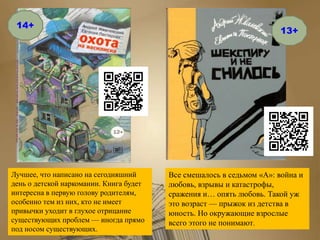 Лучшее, что написано на сегодняшний
день о детской наркомании. Книга будет
интересна в первую голову родителям,
особенно тем из них, кто не имеет
привычки уходит в глухое отрицание
существующих проблем — иногда прямо
под носом существующих.
Все смешалось в седьмом «А»: война и
любовь, взрывы и катастрофы,
сражения и… опять любовь. Такой уж
это возраст — прыжок из детства в
юность. Но окружающие взрослые
всего этого не понимают.
14+
13+
 