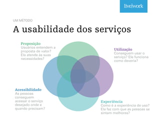UM MÉTODO
A usabilidade dos serviços
Acessibilidade
As pessoas
conseguem
acessar o serviço
desejado onde e
quando precisam?
Proposição
Usuários entendem a
proposta de valor?
Ela atende às suas
necessidades?
Utilização
Conseguem usar o
serviço? Ele funciona
como deveria?
Experiência
Como é a experiência de uso?
Ela faz com que as pessoas se
sintam melhores?