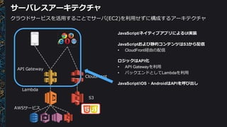 サーバレスアーキテクチャ
Lambda
API  Gateway
AWSサービス
S3
CloudFront
クラウドサービスを活⽤用することでサーバ(EC2)を利利⽤用せずに構成するアーキテクチャ
JavaScript/ネイティブアプリによるUI実装
JavaScriptおよび静的コンテンツはS3から配信
• CloudFront経由の配信
ロジックはAPI化
• API  Gatewayを利利⽤用
• バックエンドとしてLambdaを利利⽤用
JavaScript/iOS・AndroidはAPIを呼び出し
 