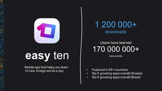 easy ten
Mobile app that helps you learn  
10 new,  foreign words a day
Users  have  learned
170  000  000+
new words
1  200 000+
downloads
• Featured in 85+ countries
• Top 5 grossing apps overall (Russia)
• Top 8 grossing apps overall (Brazil)
 