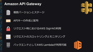 Amazon  API  Gateway
複数バージョンとステージ
APIキーの作成と配布
リクエスト時におけるAWS  SigV4の利利⽤用
リクエストのスロットリングとモニタリング
バックエンドとしてAWS  Lambdaが利利⽤用可能
 