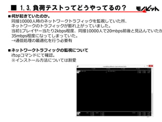 ■ 1.3.負荷テストってどうやってるの？
■何が起きていたのか。
同接10000⼈人時のネットワークトラフィックを監視していた所、
ネットワークのトラフィックが膨れ上がっていました。
当初1プレイヤー当たり2kbps程度度、同接10000⼈人で20mbps前後と⾒見見込んでいたが
35mbps程度度になってしまっていた。
→通信処理理の最適化を⾏行行う必要有
■ネットワークトラフィックの監視について
iftopコマンドにて確認。
※インストール⽅方法については割愛
30
 