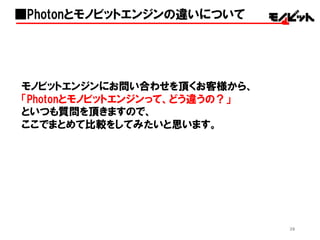 39
モノビットエンジンにお問い合わせを頂くお客様から、
「Photonとモノビットエンジンって、どう違うの？」
といつも質問を頂きますので、
ここでまとめて比較をしてみたいと思います。
■Photonとモノビットエンジンの違いについて
 