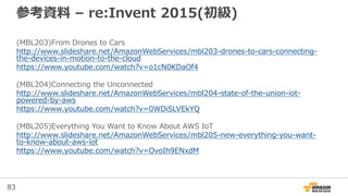 83
参考資料 – re:Invent 2015(初級)
(MBL203)From Drones to Cars
http://www.slideshare.net/AmazonWebServices/mbl203-drones-to-cars...