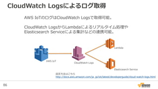 86
CloudWatch Logsによるログ取得
設定方法はこちら
http://docs.aws.amazon.com/ja_jp/iot/latest/developerguide/cloud-watch-logs.html
AWS Io...