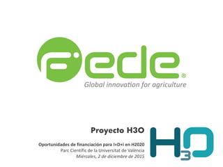 Proyecto H3O
Oportunidades de financiación para I+D+i en H2020
Parc Científic de la Universitat de València
Miércoles, 2 de diciembre de 2015
 