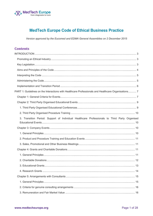 MedTech Europe Code of Ethical Business Practice