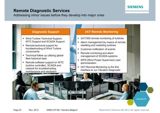 Page 23 Nov. 2013 EMEA OF BD / Siemens Belgium Restricted © Siemens AG 2013. All rights reservedRestricted © Siemens AG 2013. All rights reservedRestricted © Siemens AG 2013. All rights reserved
Remote Diagnostic Services
Addressing minor issues before they develop into major ones
§ Wind Turbine Technical Support,
WTC Support and SCADA Support
§ Remote technical support for
troubleshooting of Wind Turbine
components
§ Technical follow up utilizing global
fleet historical data
§ Remote software support on WTC
(turbine controller), SCADA and
network for troubleshooting,
maintenance and resolution
Diagnostic Support
§ 24/7/365 remote monitoring of turbines
§ Alarm management by means of remote
resetting and restarting turbines
§ Customer notification of events
§ Remote monitoring and alarm
management of SCADA systems
§ WPS (Wind Power Supervisor) user
administration
§ 24/7 Remote Monitoring is the first
interface to our Vibration Diagnostic
24/7 Remote Monitoring
 