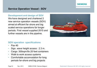 Page 33 Nov. 2013 EMEA OF BD / Siemens Belgium Restricted © Siemens AG 2013. All rights reservedRestricted © Siemens AG 2013. All rights reservedRestricted © Siemens AG 2013. All rights reserved
Service Operation Vessel - SOV
Development and design of SOV
We have designed and chartered 2
new service operation vessels (SOV)
aimed at efficient far shore and big
scaled service operations for longer
periods. First vessel supplied 2015 and
further vessels are in the pipeline.
SOV operation specifications
• Pax 40
• Sign. wave height access : 2.3 m.
• Cargo: 300sqm/8x 20 feet containers
• Walk to work access systems
• Comfortable accomodation for long
periods far-shore and big projects
 
