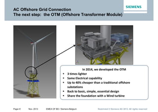 Page 41 Nov. 2013 EMEA OF BD / Siemens Belgium Restricted © Siemens AG 2013. All rights reservedRestricted © Siemens AG 2013. All rights reservedRestricted © Siemens AG 2013. All rights reserved
AC Offshore Grid Connection
The next step: the OTM (Offshore Transformer Module)
In 2014, we developed the OTM
§ 3 times lighter
§ Same Electrical capability
§ Up to 40% cheaper than a traditional offshore
substations
§ Back to basic, simple, essential design
§ Share the foundation with a Wind turbine
 