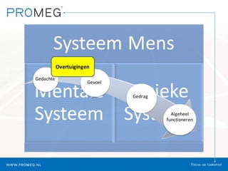 Systeem	Mens
Mentale	
Systeem
Fysieke	
Systeem								
Gedachte
Gevoel
Gedrag
Algeheel	
functioneren
Overtuigingen
 