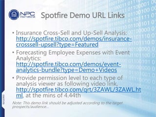 Spotfire Demo URL Links
• Insurance Cross-Sell and Up-Sell Analysis:
http://spotfire.tibco.com/demos/insurance-
crosssell-upsell?type=Featured
• Forecasting Employee Expenses with Event
Analytics:
http://spotfire.tibco.com/demos/event-
analytics-bundle?type=Demo+Videos
• Provide permission level to each type of
analysis viewer as following video link,
http://spotfire.tibco.com/qrt/3ZAWL/3ZAWL.ht
ml, at the mins of 4.44th
Note: This demo link should be adjusted according to the target
prospects/audience…
02/12/2015
 