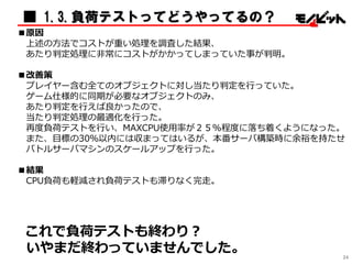 ■ 1.3.負荷テストってどうやってるの？
■原因
上述の方法でコストが重い処理を調査した結果、
あたり判定処理に非常にコストがかかってしまっていた事が判明。
■改善策
プレイヤー含む全てのオブジェクトに対し当たり判定を行っていた。
ゲーム仕様的に同期が必要なオブジェクトのみ、
あたり判定を行えば良かったので、
当たり判定処理の最適化を行った。
再度負荷テストを行い、MAXCPU使用率が２５%程度に落ち着くようになった。
また、目標の30％以内には収まってはいるが、本番サーバ構築時に余裕を持たせ
バトルサーバマシンのスケールアップを行った。
■結果
CPU負荷も軽減され負荷テストも滞りなく完走。
これで負荷テストも終わり？
いやまだ終わっていませんでした。 24
 