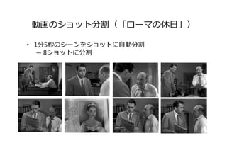 動画のショット分割（「ローマの休⽇」）
• 1分5秒のシーンをショットに⾃動分割
→ 8ショットに分割
 