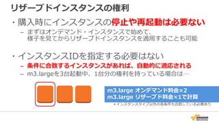 リザーブドインスタンスの権利
・購入時にインスタンスの停止や再起動は必要ない
– まずはオンデマンド・インスタンスで始めて、
様子を見てからリザーブドインスタンスを適用することも可能
・インスタンスIDを指定する必要はない
– 条件に合致するインスタンスがあれば、自動的に適応される
– m3.largeを3台起動中、1台分の権利を持っている場合は…
＊インスタンスタイプ以外の各条件も合致している必要あり
m3.large オンデマンド料金×2
m3.large リザーブド料金×1で計算
 