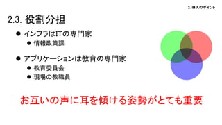 2. 導入のポイント
 インフラはＩＴの専門家
 情報政策課
 アプリケーションは教育の専門家
 教育委員会
 現場の教職員
お互いの声に耳を傾ける姿勢がとても重要
2.3. 役割分担
 