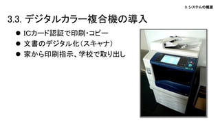 3. システムの概要
 ＩＣカード認証で印刷・コピー
 文書のデジタル化（スキャナ）
 家から印刷指示、学校で取り出し
3.3. デジタルカラー複合機の導入
 