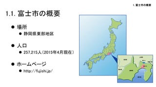 1. 富士市の概要
 場所
 静岡県東部地区
 人口
 257,215人（2015年4月現在）
 ホームページ
 http://fujishi.jp/
1.1. 富士市の概要
 