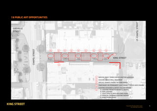 61Prepared for the City of Stonnington
by rushwright associates
KING STREET
7.8 PUBLIC ART OPPORTUNITIES
4 4 4 4 43 3 3 3
2 2
1
1
2
3
4
5
BEACON OBJECT SERIES (REFER GRATTAN GARDENS)
COLOUR - IMAGE WALL TREATMENT
SPECIAL GRANITE PAVING PATTERN SERIES
TEMPORARY OR PERMANENT LIGHT PROJECT SERIES ONTO PAVING
LIGHTING DESIGNER  ARTIST COLLABORATION
A. LIGHTING PROJECTS (REFER #4 ABOVE)
B. SEAT LIGHTING
C. LIGHT EFFECTS ONTO BUILDING PIERS
D. VERTICAL CATENARY LIGHTING DESIGN
E. GOBO PROJECTIONS
CHAPELSTREET
LT.CHAPELSTREET
GREVILLE
STREET
KING STREET
 