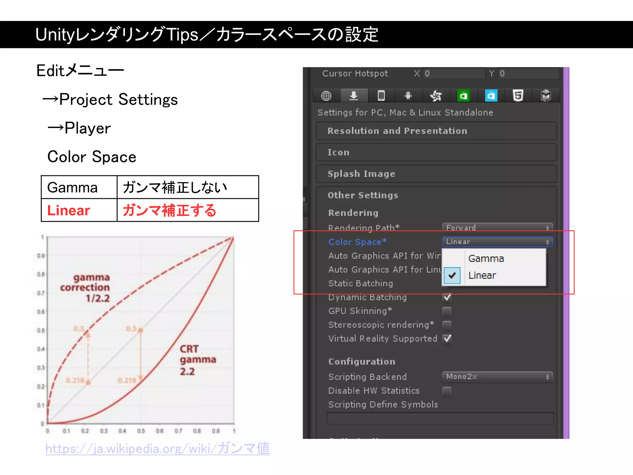 Editメニュー
→Project Settings
→Player
Color Space
Gamma ガンマ補正しない
Linear ガンマ補正する
https://ja.wikipedia.org/wiki/ガンマ値
UnityレンダリングTips／カラースペースの設定
 