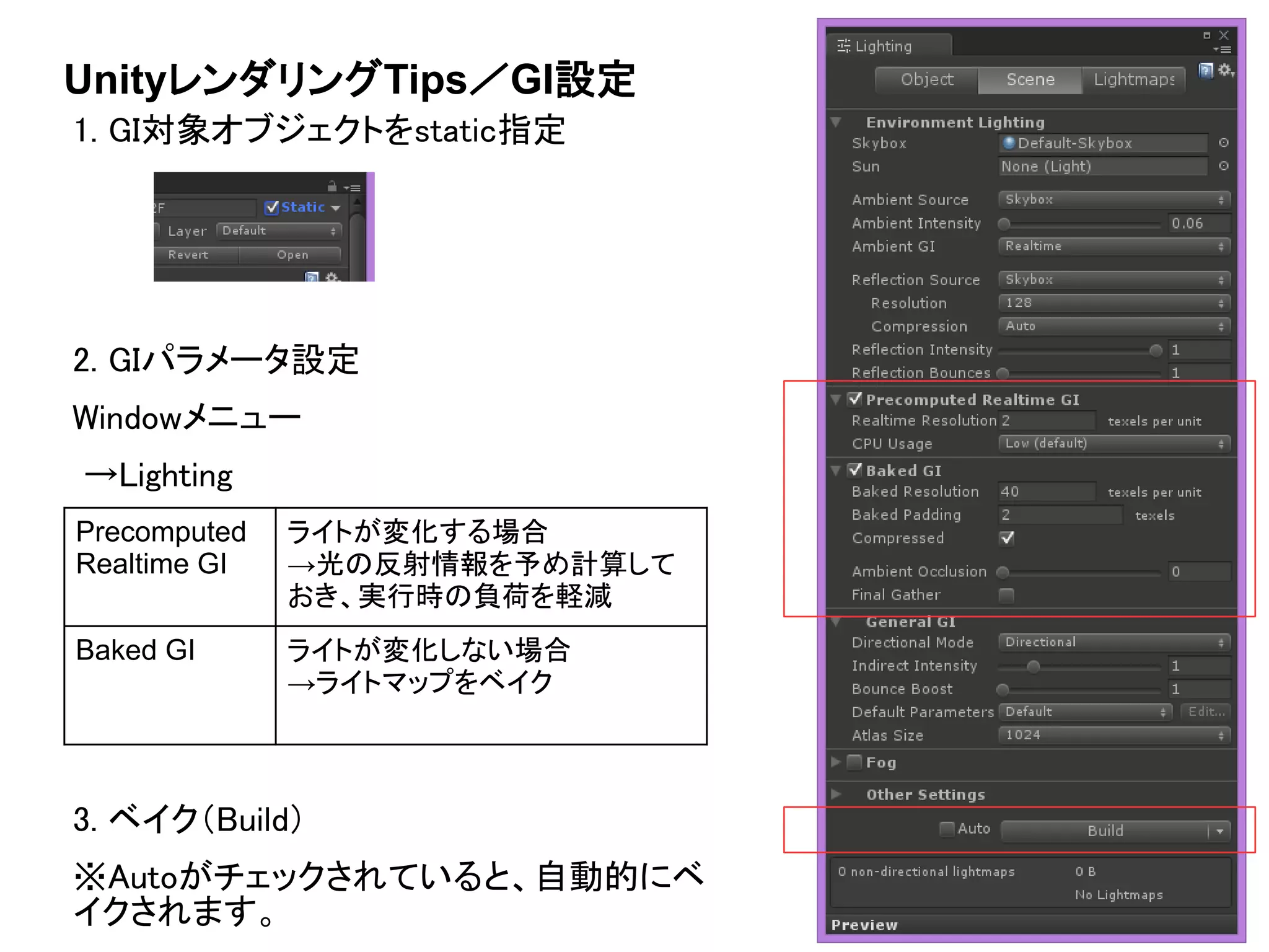 UnityレンダリングTips／GI設定
Precomputed
Realtime GI
ライトが変化する場合
→光の反射情報を予め計算して
おき、実行時の負荷を軽減
Baked GI ライトが変化しない場合
→ライトマップをベイク
1. GI対象オブジェクトをstatic指定
2. GIパラメータ設定
Windowメニュー
→Lighting
3. ベイク（Build）
※Autoがチェックされていると、自動的にベ
イクされます。
 