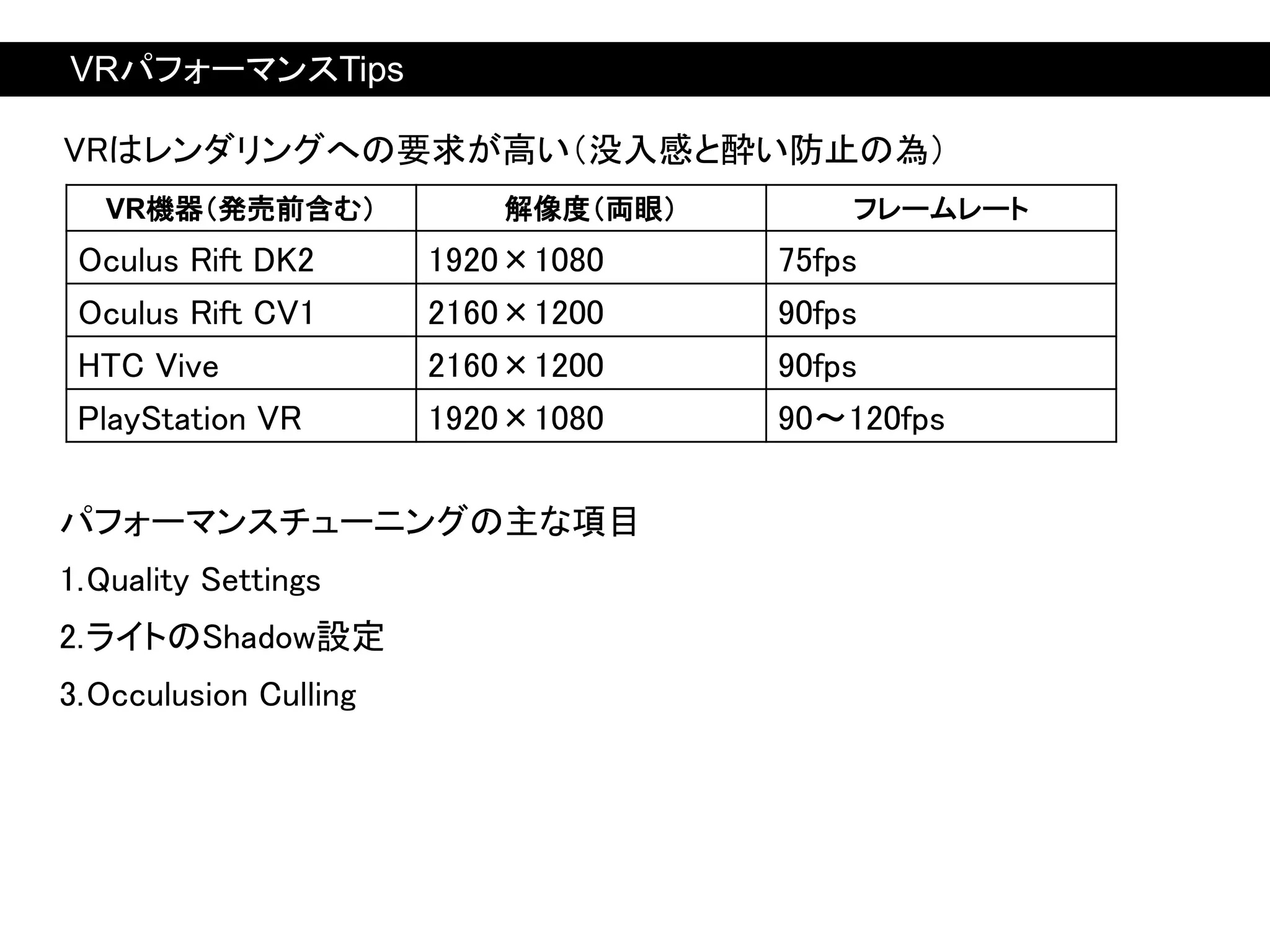 VRはレンダリングへの要求が高い（没入感と酔い防止の為）
VR機器（発売前含む） 解像度（両眼） フレームレート
Oculus Rift DK2 1920×1080 75fps
Oculus Rift CV1 2160×1200 90fps
HTC Vive 2160×1200 90fps
PlayStation VR 1920×1080 90～120fps
パフォーマンスチューニングの主な項目
1.Quality Settings
2.ライトのShadow設定
3.Occulusion Culling
VRパフォーマンスTips
 