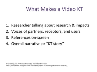 What Makes a Video KT
1. Researcher talking about research & impacts
2. Voices of partners, receptors, end users
3. References on-screen
4. Overall narrative or “KT story”
KT Core blog post “Videos as Knowledge Translation Products”
https://neurodevnet.wordpress.com/2015/06/05/videos-as-knowledge-translation-products/
 