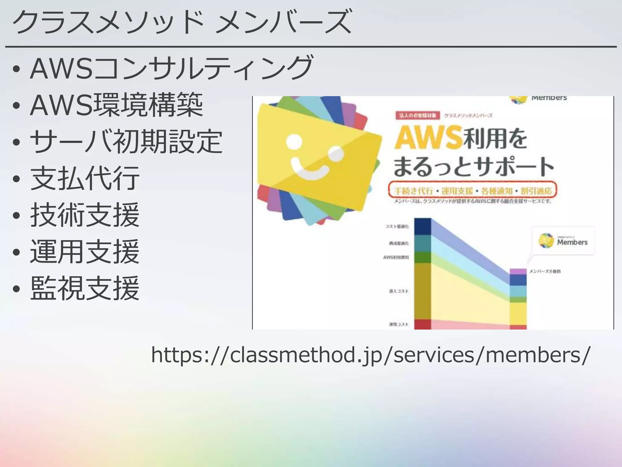 クラスメソッド メンバーズ
• AWSコンサルティング
• AWS環境構築
• サーバ初期設定
• 支払代行
• 技術支援
• 運用支援
• 監視支援
https://classmethod.jp/services/members/
 