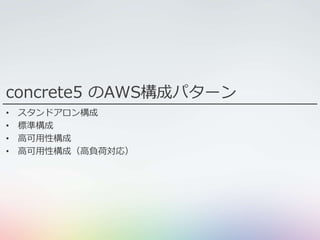 concrete5 のAWS構成パターン
• スタンドアロン構成
• 標準構成
• 高可用性構成
• 高可用性構成（高負荷対応）
 
