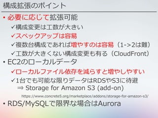 構成拡張のポイント
• 必要に応じて拡張可能
構成変更は工数が大きい
スペックアップは容易
複数台構成であれば増やすのは容易（1->2は難）
工数が大きくない構成変更も有る（CloudFront）
• EC2のローカルデータ
ローカルファイル依存を減らすと増やしやすい
1台でも可能な限りデータはRDSやS3に待避
⇒ Storage for Amazon S3 (add-on)
https://www.concrete5.org/marketplace/addons/storage-for-amazon-s3/
• RDS/MySQLで限界な場合はAurora
 