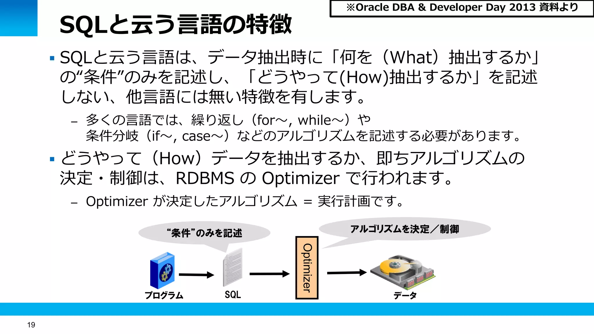 19
SQLと云う言語の特徴
 SQLと云う言語は、データ抽出時に「何を（What）抽出するか」
の“条件”のみを記述し、「どうやって(How)抽出するか」を記述
しない、他言語には無い特徴を有します。
– 多くの言語では、繰り返し（for～, while～）や
条件分岐（if～, case～）などのアルゴリズムを記述する必要があります。
 どうやって（How）データを抽出するか、即ちアルゴリズムの
決定・制御は、RDBMS の Optimizer で行われます。
– Optimizer が決定したアルゴリズム = 実行計画です。
プログラム
“条件”のみを記述
OptimizerSQL データ
アルゴリズムを決定／制御
※Oracle DBA & Developer Day 2013 資料より
 