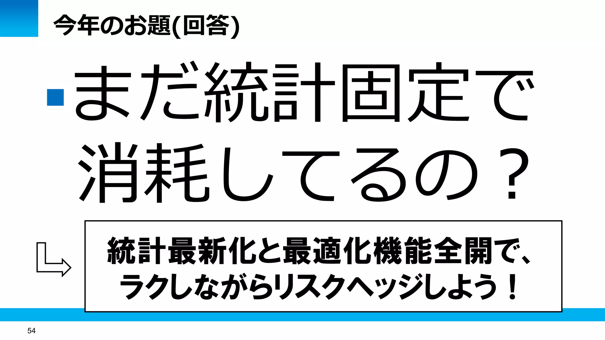 54
今年のお題(回答)
まだ統計固定で
消耗してるの？
統計最新化と最適化機能全開で、
ラクしながらリスクヘッジしよう！
 