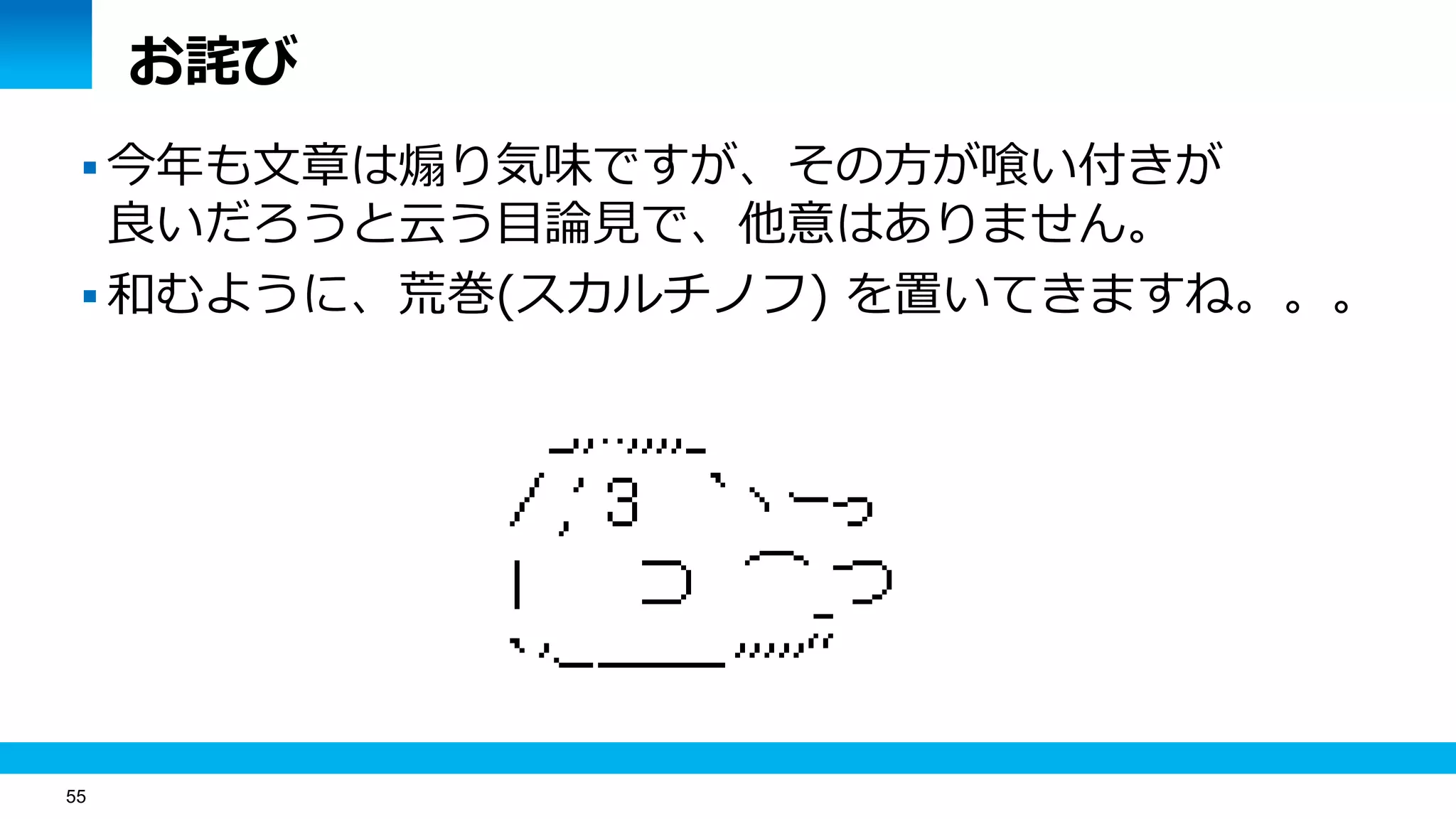 55
お詫び
 今年も文章は煽り気味ですが、その方が喰い付きが
良いだろうと云う目論見で、他意はありません。
 和むように、荒巻(スカルチノフ) を置いてきますね。。。
 
